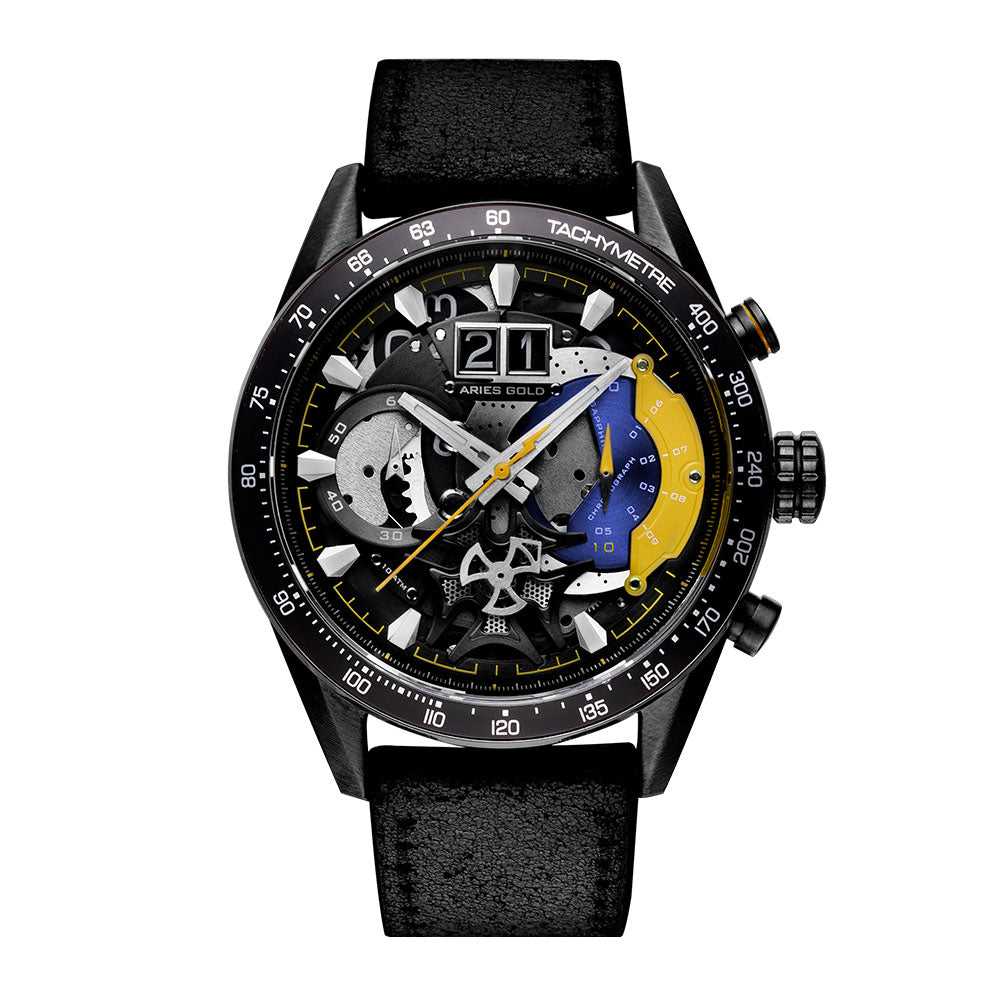 ARIES GOLD CHRONOGRAPH JOLTER BLACK STAINLESS STEEL G 7008 BK-YW LEATHER STRAP MEN'S WATCH - H2 Hub Watches
