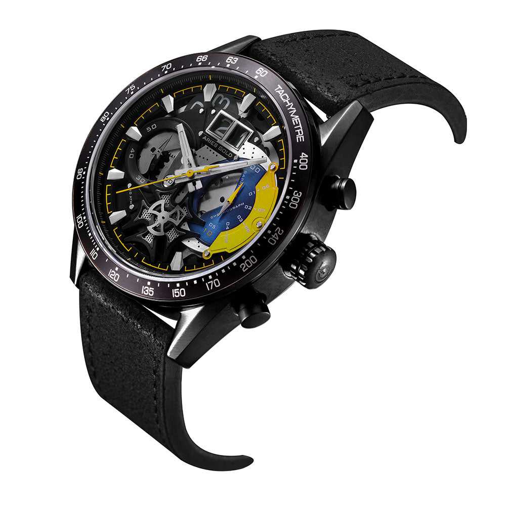 ARIES GOLD CHRONOGRAPH JOLTER BLACK STAINLESS STEEL G 7008 BK-YW LEATHER STRAP MEN'S WATCH - H2 Hub Watches