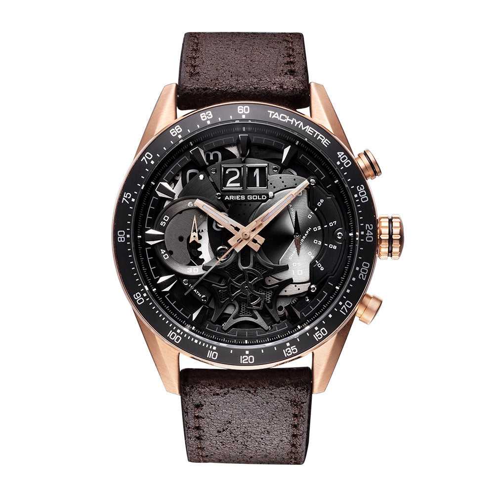 ARIES GOLD CHRONOGRAPH JOLTER ROSE GOLD STAINLESS STEEL G 7008 RG-BK BROWN LEATHER STRAP MEN'S WATCH - H2 Hub Watches