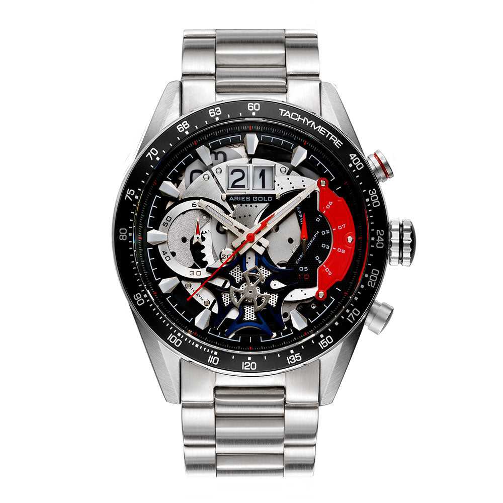 ARIES GOLD CHRONOGRAPH JOLTER SILVER STAINLESS STEEL G 7008 S-BK MEN'S WATCH - H2 Hub Watches