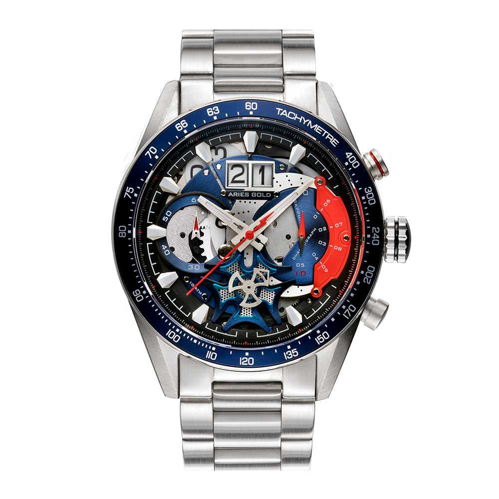 ARIES GOLD CHRONOGRAPH JOLTER SILVER STAINLESS STEEL G 7008 S-BU MEN'S WATCH - H2 Hub Watches