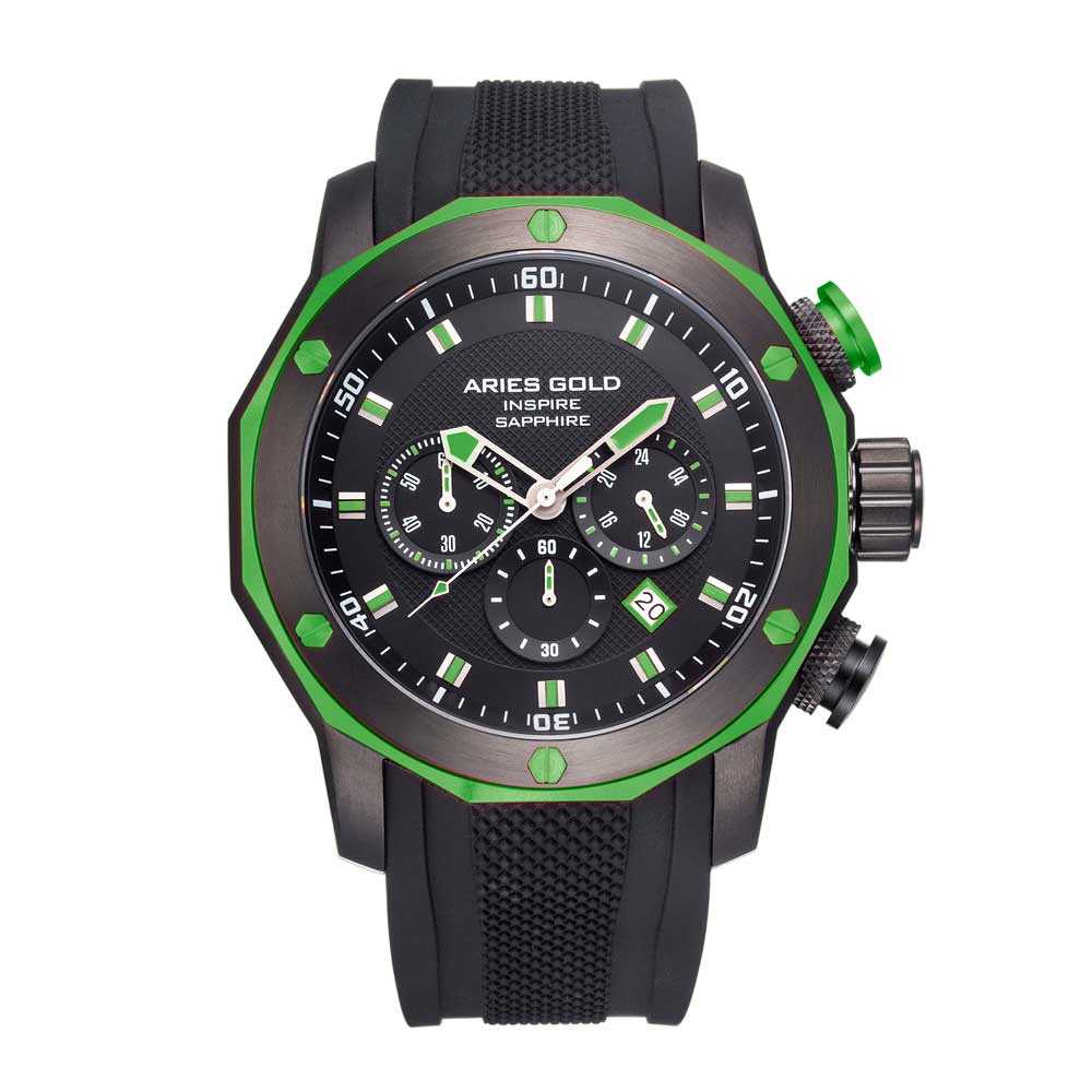 ARIES GOLD CHRONOGRAPH VENTURER GREEN STAINLESS STEEL G-7012Z-BK-GN BLACK SILICONE STRAP MEN'S WATCH - H2 Hub Watches