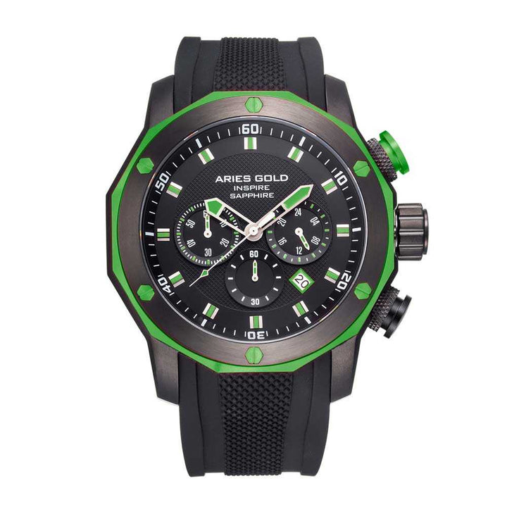 ARIES GOLD CHRONOGRAPH VENTURER GREEN STAINLESS STEEL G-7012Z-BK-GN BLACK SILICONE STRAP MEN'S WATCH - H2 Hub Watches