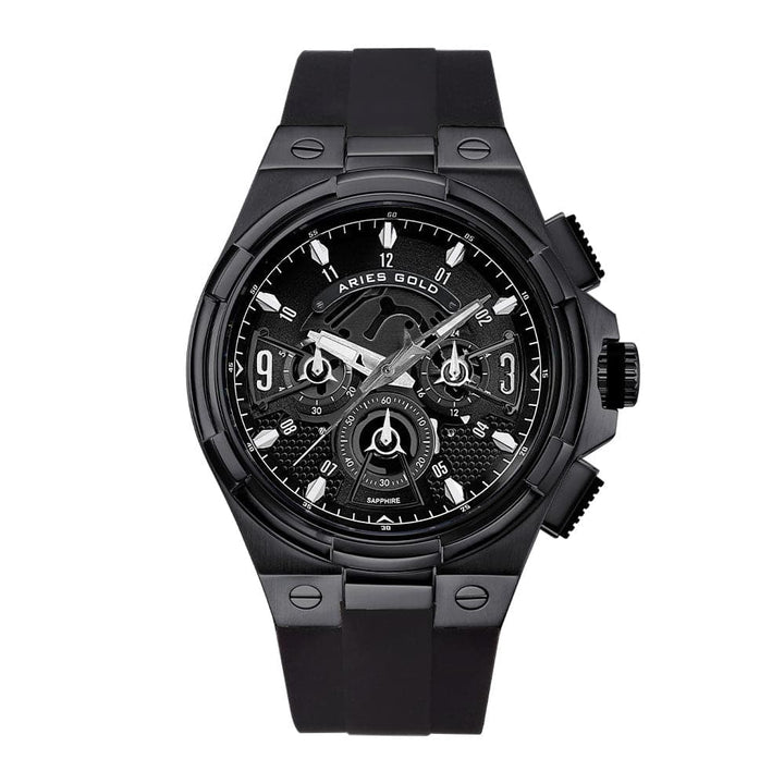ARIES GOLD ANALOG LIGHTNING GOLD STAINLESS STEEL G 7016 BK-BK BLACK RUBBER STRAP MEN'S WATCH - H2 Hub Watches
