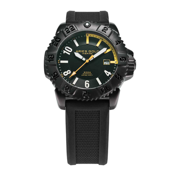 ARIES GOLD INSPIRE BLACK STAINLESS STEEL G 703R BK-YW RUBBER STRAP MEN'S WATCH - H2 Hub Watches