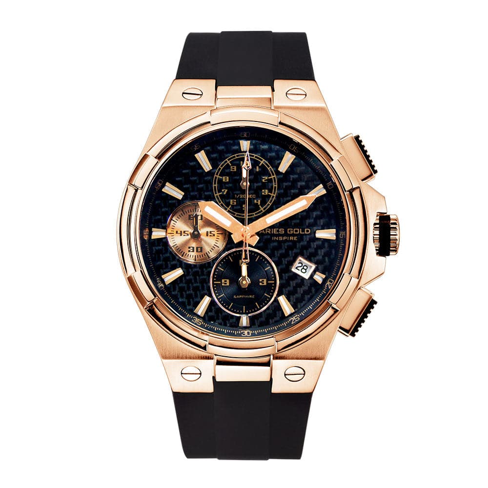 ARIES GOLD MONARCH ROSE GOLD STAINLESS STEEL G 7312 RG-BKRG HI-TECH BLACK SYNTHETIC STRAP MEN'S WATCH - H2 Hub Watches