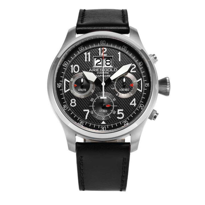 ARIES GOLD CHRONOGRAPH INSPIRE HURRICANE SILVER STAINLESS STEEL G 750A S-BKR BLACK LEATHER STRAP MEN'S WATCH - H2 Hub Watches