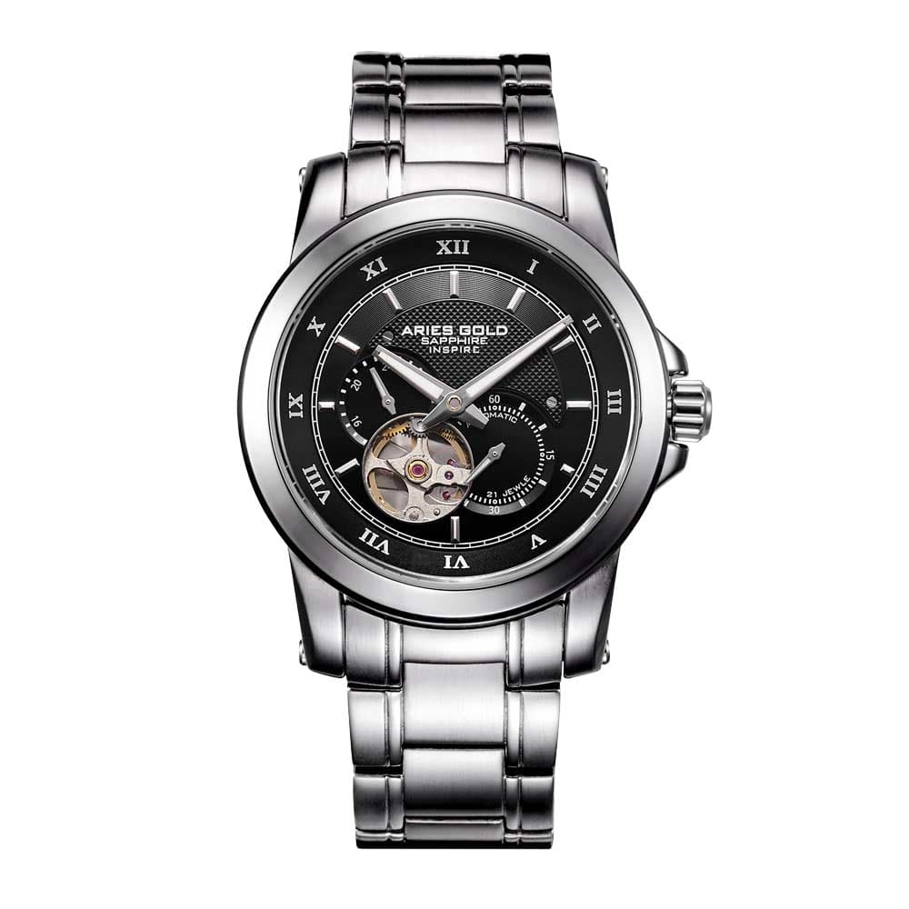 ARIES GOLD AUTOMATIC INFINUM FORZA SILVER STAINLESS STEEL G 9001 S-BK MEN'S WATCH - H2 Hub Watches