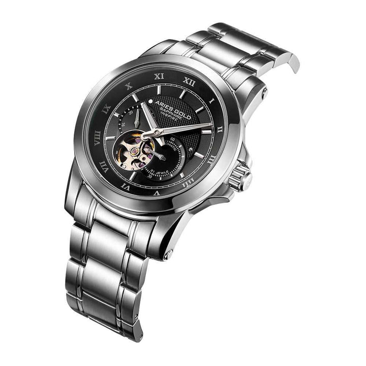 ARIES GOLD AUTOMATIC INFINUM FORZA SILVER STAINLESS STEEL G 9001 S-BK MEN'S WATCH - H2 Hub Watches