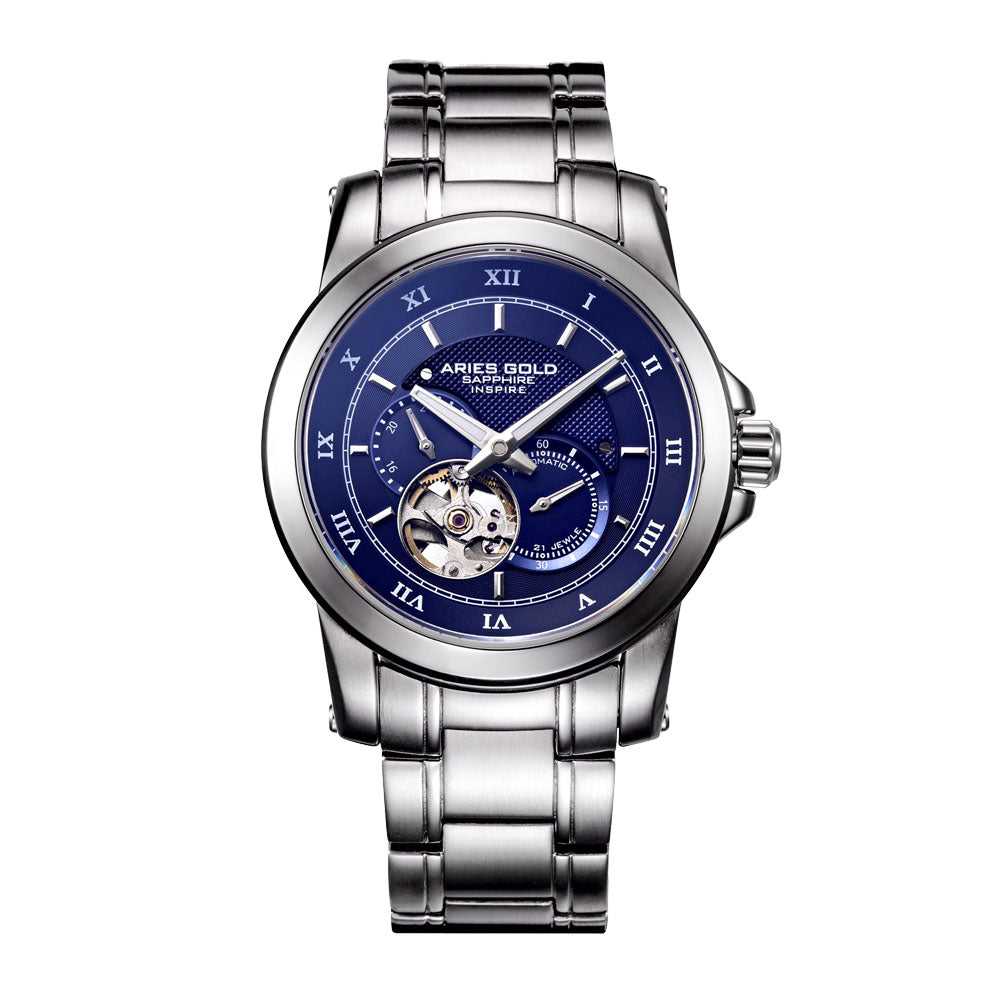 ARIES GOLD AUTOMATIC INFINUM FORZA SILVER STAINLESS STEEL G 9001 S-BU MEN'S WATCH - H2 Hub Watches