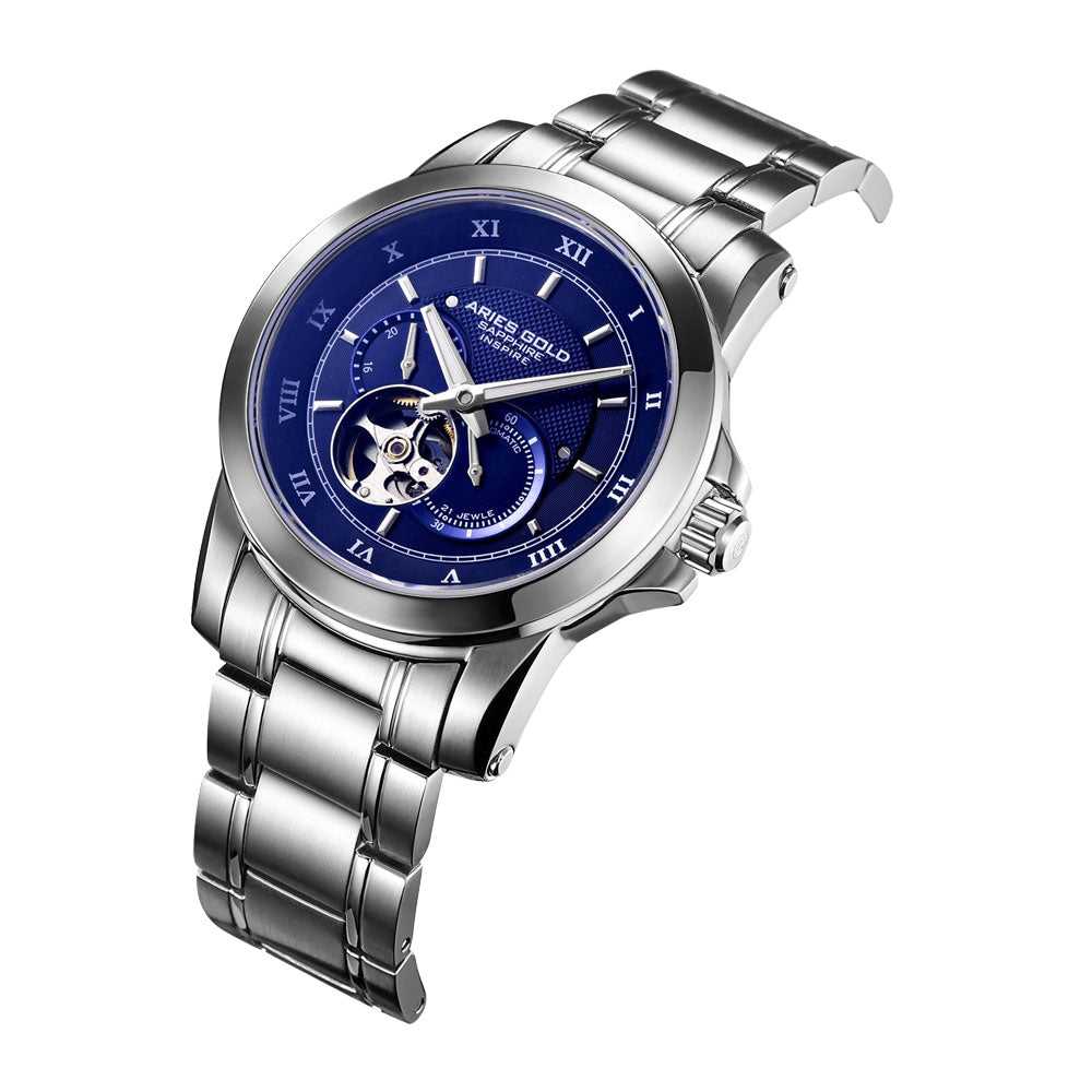 ARIES GOLD AUTOMATIC INFINUM FORZA SILVER STAINLESS STEEL G 9001 S-BU MEN'S WATCH - H2 Hub Watches