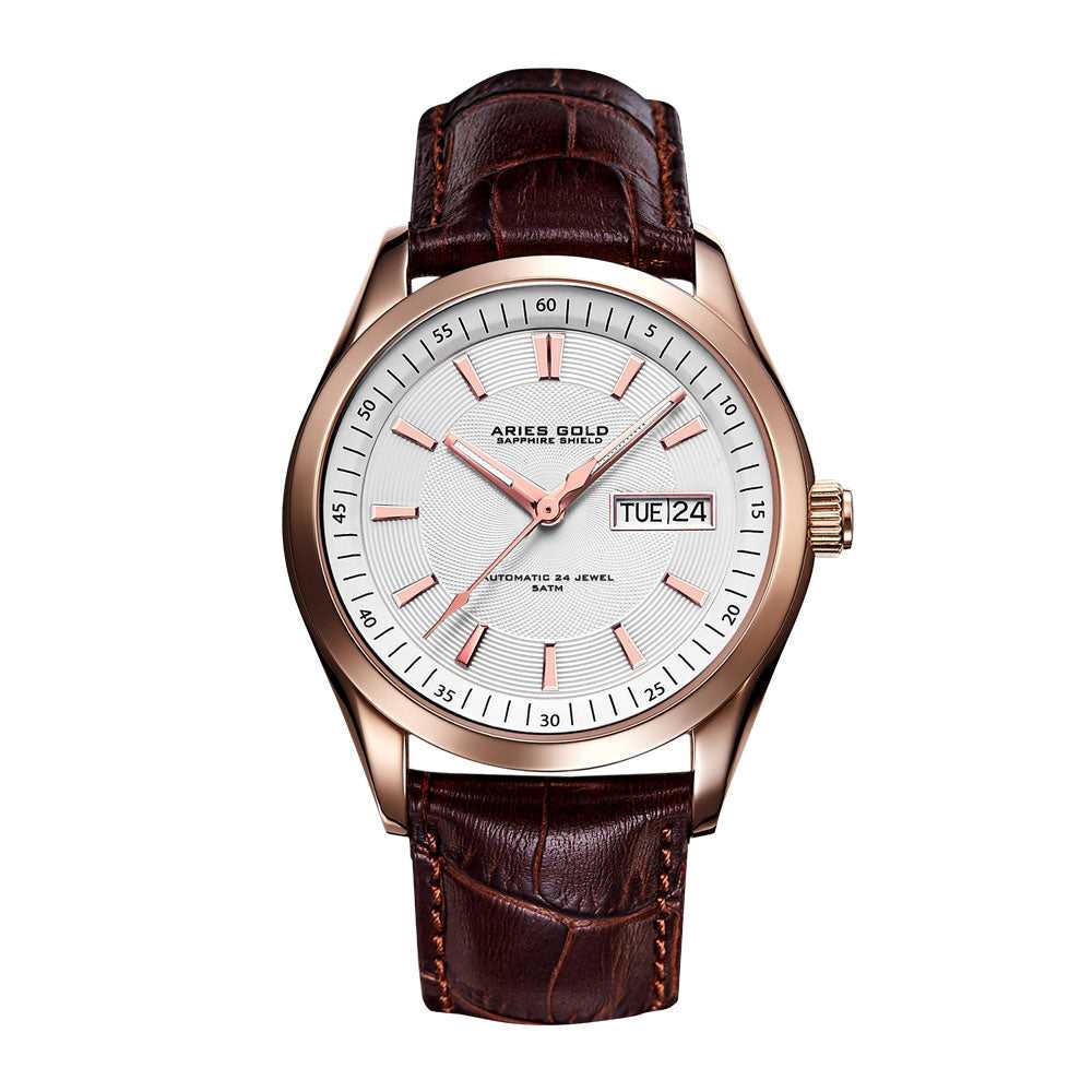 ARIES GOLD AUTOMATIC INFINUM PRESIDENT ROSE GOLD STAINLESS STEEL G 9004 RG-W BROWN LEATHER STRAP MEN'S WATCH - H2 Hub Watches