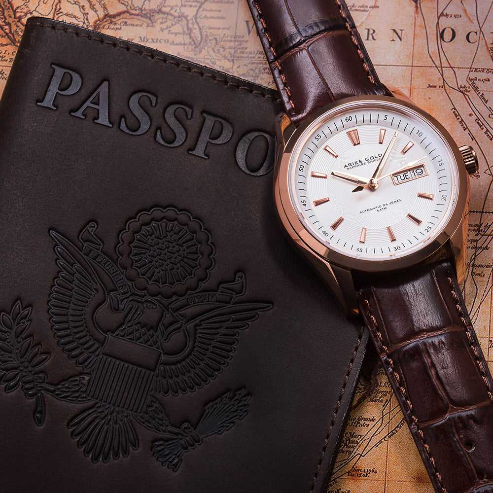 ARIES GOLD AUTOMATIC INFINUM PRESIDENT ROSE GOLD STAINLESS STEEL G 9004 RG-W BROWN LEATHER STRAP MEN'S WATCH - H2 Hub Watches