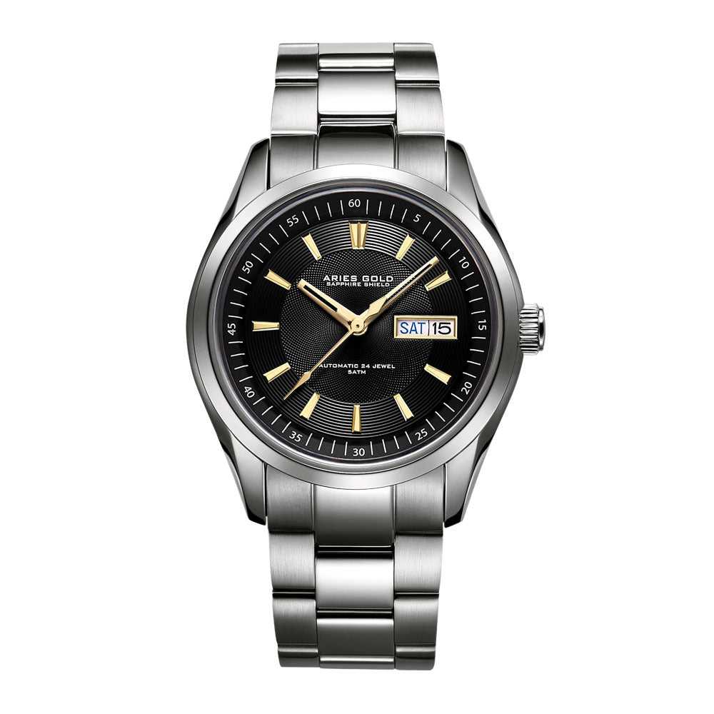 ARIES GOLD AUTOMATIC INFINUM PRESIDENT SILVER STAINLESS STEEL G 9004 S-BK MEN'S WATCH - H2 Hub Watches