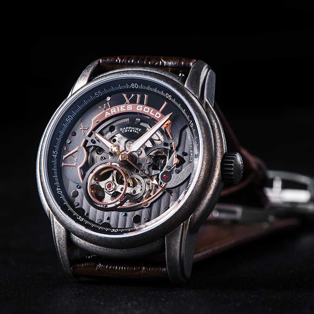 ARIES GOLD AUTOMATIC INFINUM EL TORO SILVER STAINLESS STEEL G 9005 AS-BK BROWN LEATHER STRAP MEN'S WATCH - H2 Hub Watches
