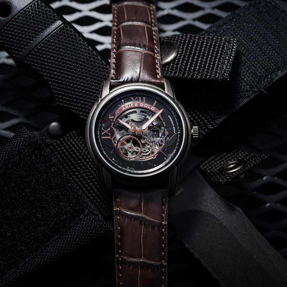 ARIES GOLD AUTOMATIC INFINUM EL TORO SILVER STAINLESS STEEL G 9005 AS-BK BROWN LEATHER STRAP MEN'S WATCH - H2 Hub Watches