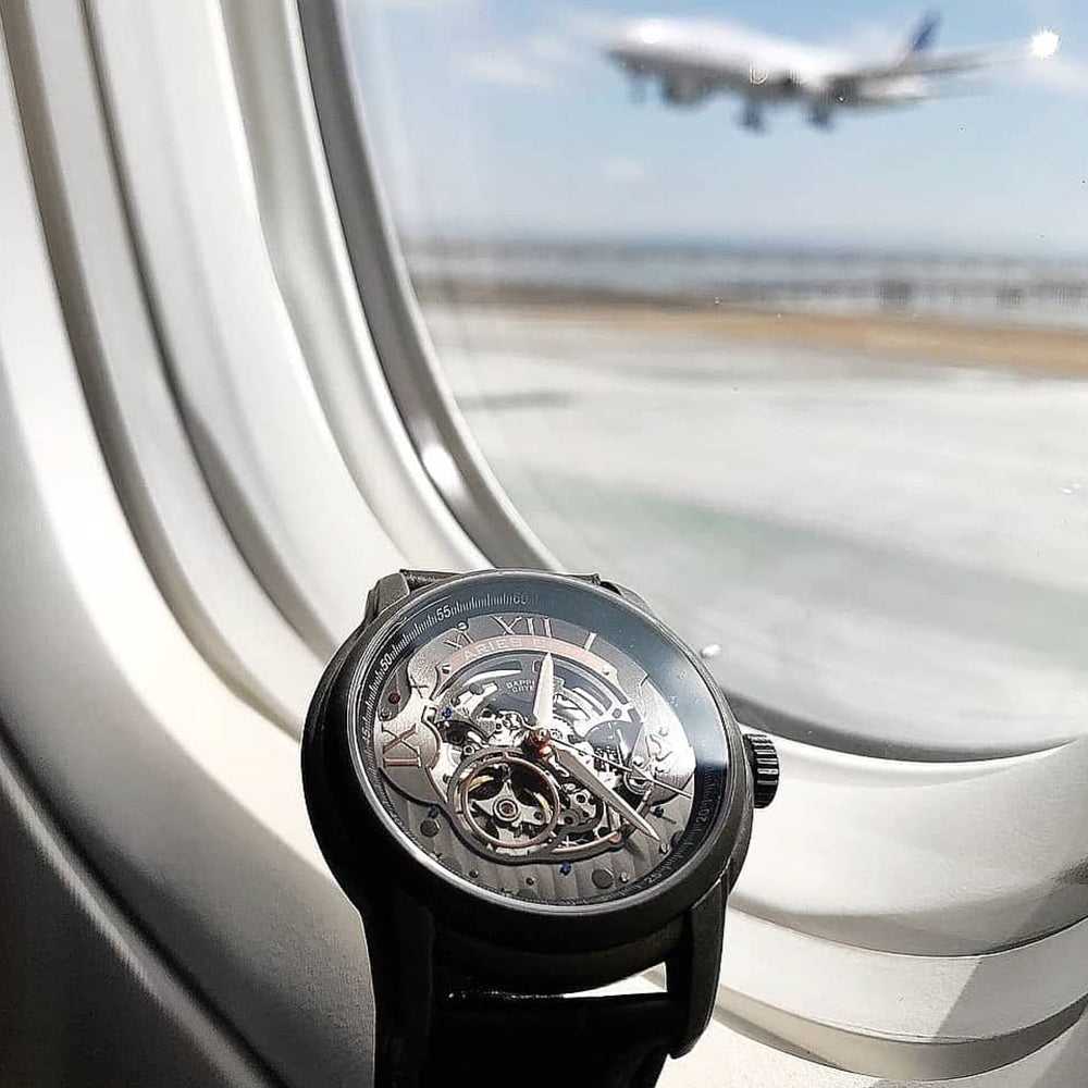 ARIES GOLD AUTOMATIC INFINUM EL TORO SILVER STAINLESS STEEL G 9005 AS-BK BROWN LEATHER STRAP MEN'S WATCH - H2 Hub Watches
