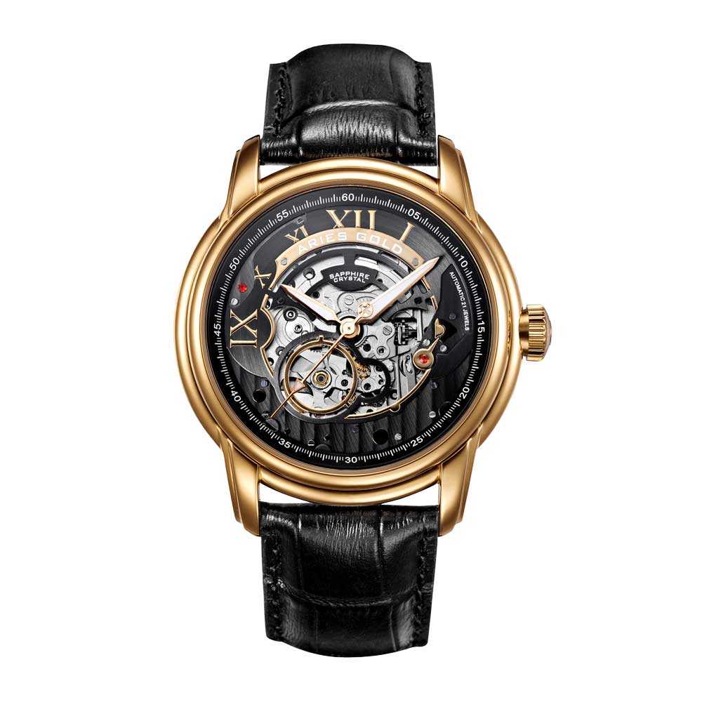 ARIES GOLD AUTOMATIC INFINUM EL TORO GOLD STAINLESS STEEL G 9005 G-BK BLACK LEATHER STRAP MEN'S WATCH - H2 Hub Watches