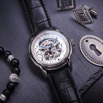 ARIES GOLD AUTOMATIC INFINUM EL TORO SILVER STAINLESS STEEL G 9005 S-S BLACK LEATHER STRAP MEN'S WATCH - H2 Hub Watches