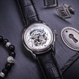 ARIES GOLD AUTOMATIC INFINUM EL TORO SILVER STAINLESS STEEL G 9005 S-S BLACK LEATHER STRAP MEN'S WATCH - H2 Hub Watches