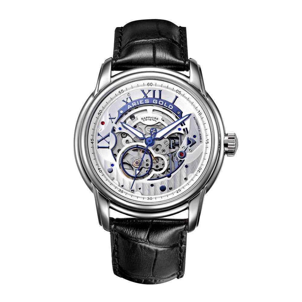 ARIES GOLD AUTOMATIC INFINUM EL TORO SILVER STAINLESS STEEL G 9005 S-S BLACK LEATHER STRAP MEN'S WATCH - H2 Hub Watches