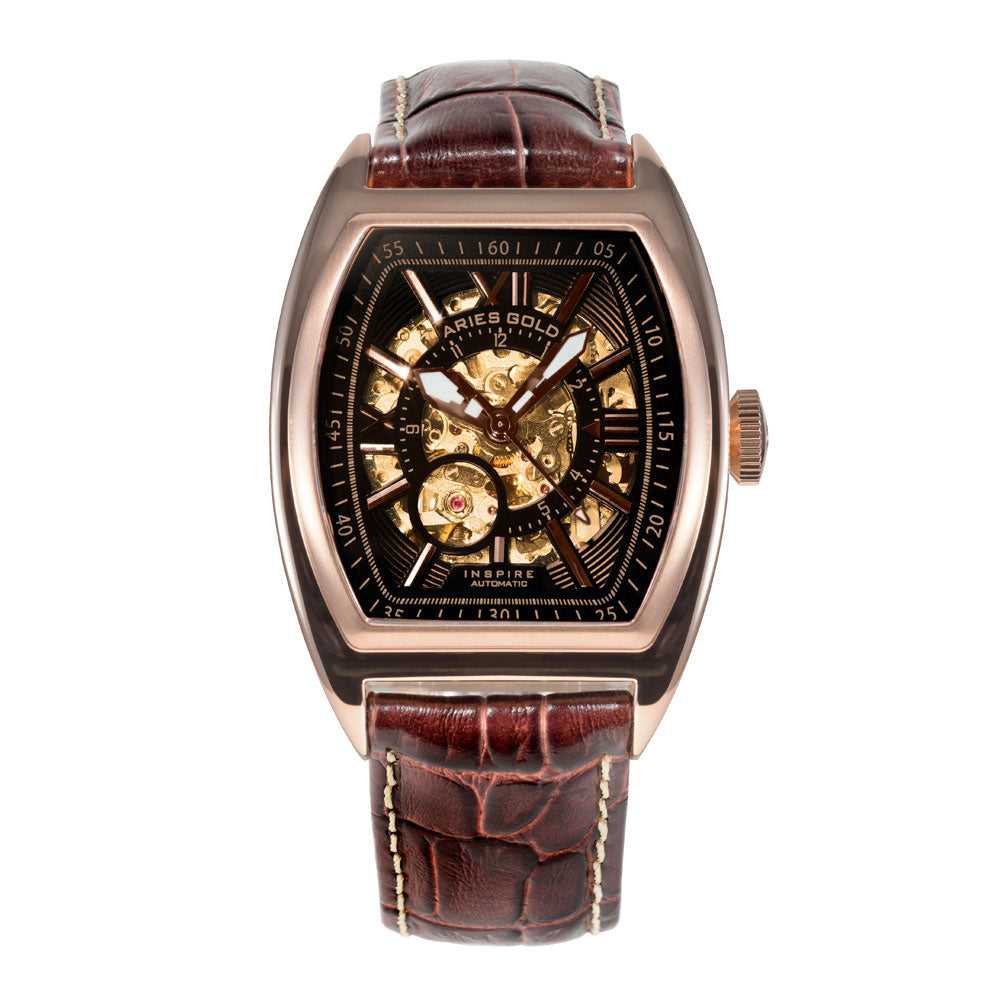 ARIES GOLD AUTOMATIC INFINUM CRUISER ROSE GOLD STAINLESS STEEL G 901 RG-BKRG BROWN LEATHER STRAP MEN'S WATCH - H2 Hub Watches