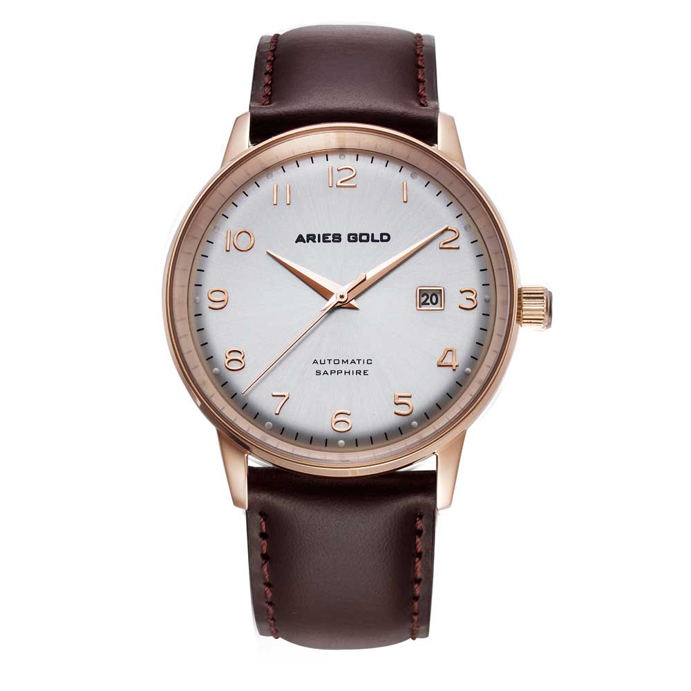ARIES GOLD AUTOMATIC INFINUM ODYSSEY ROSE GOLD STAINLESS STEEL G 9010 RG-SRG BROWN LEATHER STRAP MEN'S WATCH - H2 Hub Watches