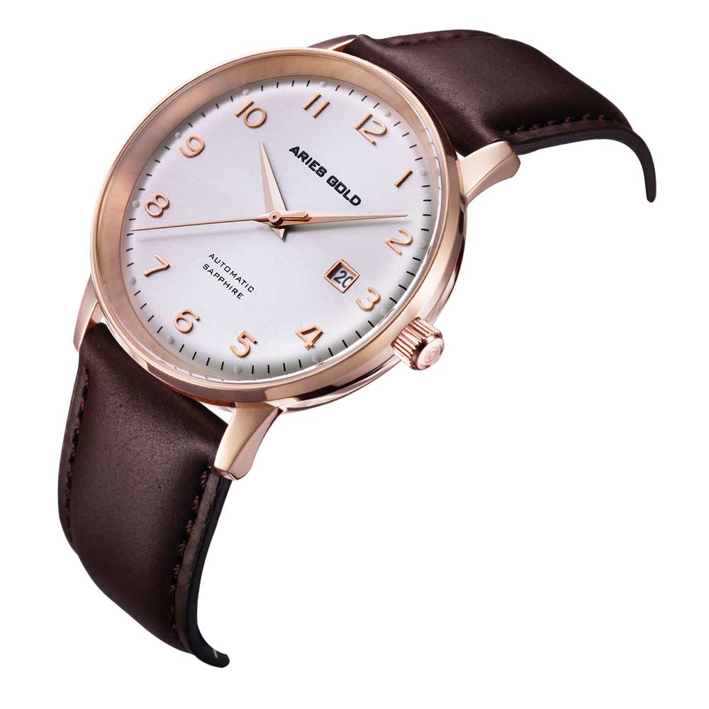 ARIES GOLD AUTOMATIC INFINUM ODYSSEY ROSE GOLD STAINLESS STEEL G 9010 RG-SRG BROWN LEATHER STRAP MEN'S WATCH - H2 Hub Watches