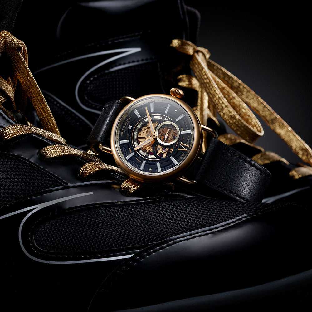 ARIES GOLD AUTOMATIC ROCKY LIMITED EDITION GOLD STAINLESS STEEL INVINCIBLE G 9013 G-BK LEATHER STRAP MEN'S WATCH - H2 Hub Watches