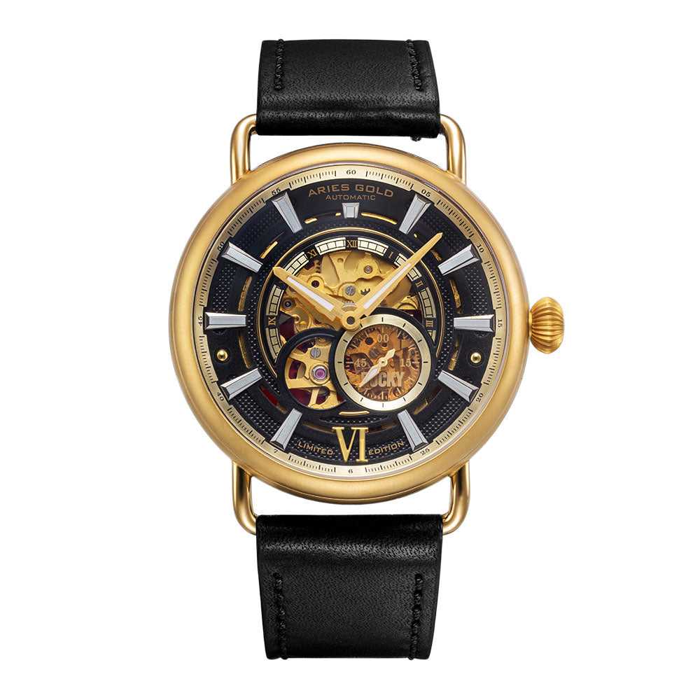ARIES GOLD AUTOMATIC ROCKY LIMITED EDITION GOLD STAINLESS STEEL INVINCIBLE G 9013 G-BK LEATHER STRAP MEN'S WATCH - H2 Hub Watches