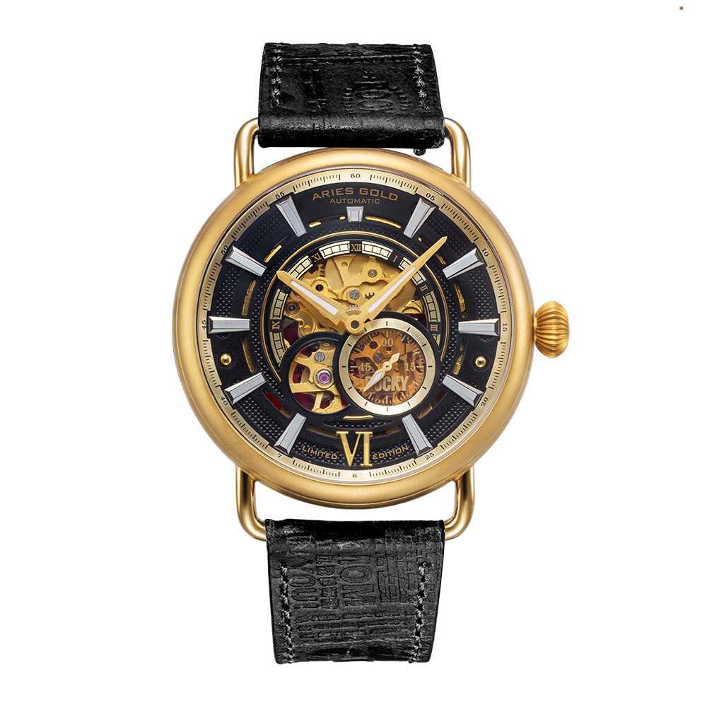 ARIES GOLD AUTOMATIC ROCKY LIMITED EDITION GOLD STAINLESS STEEL INVINCIBLE G 9013 G-BK LEATHER STRAP MEN'S WATCH - H2 Hub Watches