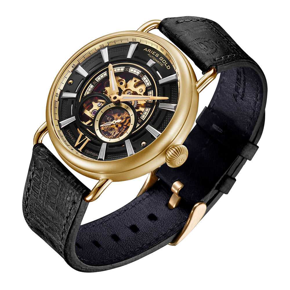 ARIES GOLD AUTOMATIC ROCKY LIMITED EDITION GOLD STAINLESS STEEL INVINCIBLE G 9013 G-BK LEATHER STRAP MEN'S WATCH - H2 Hub Watches