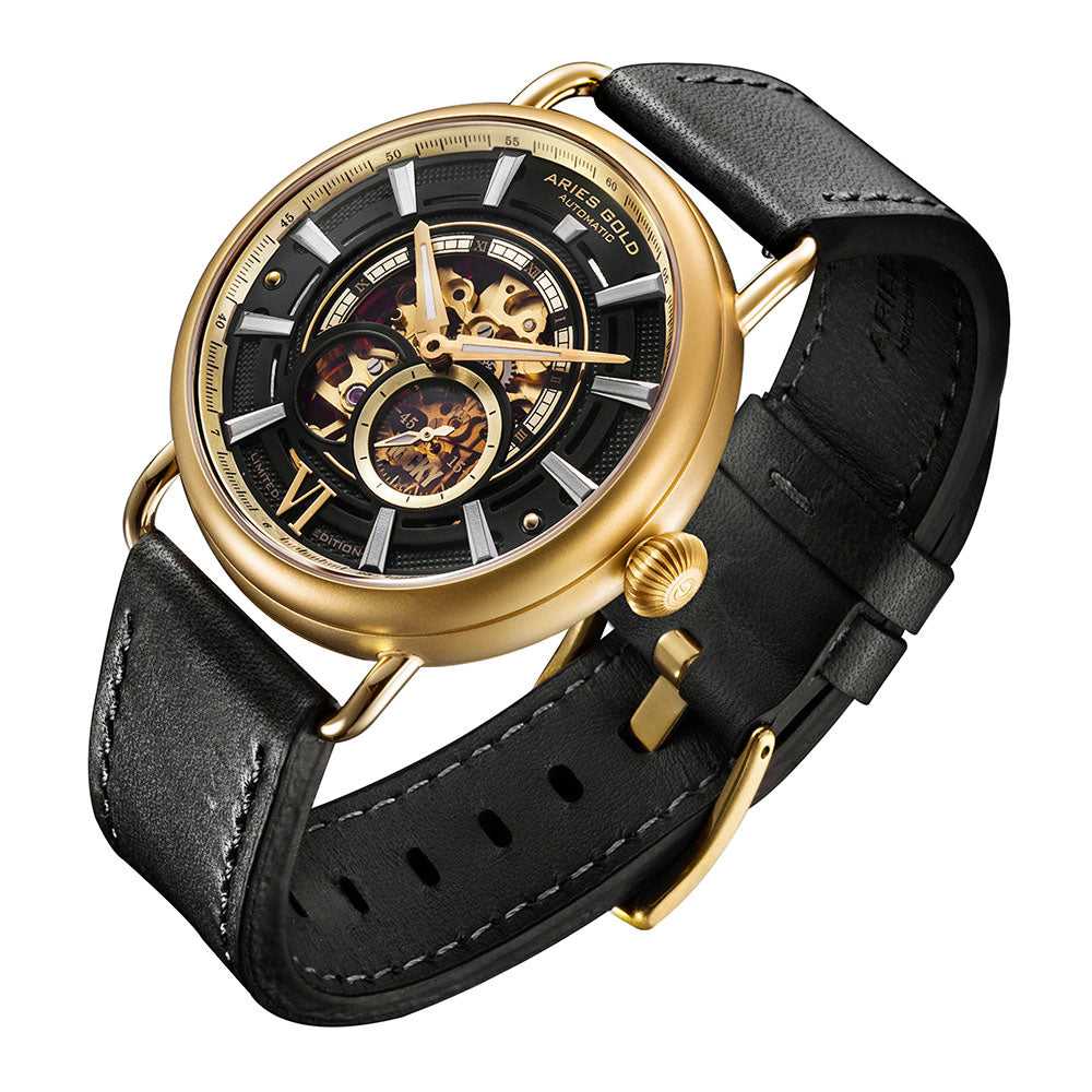 ARIES GOLD AUTOMATIC ROCKY LIMITED EDITION GOLD STAINLESS STEEL INVINCIBLE G 9013 G-BK LEATHER STRAP MEN'S WATCH - H2 Hub Watches