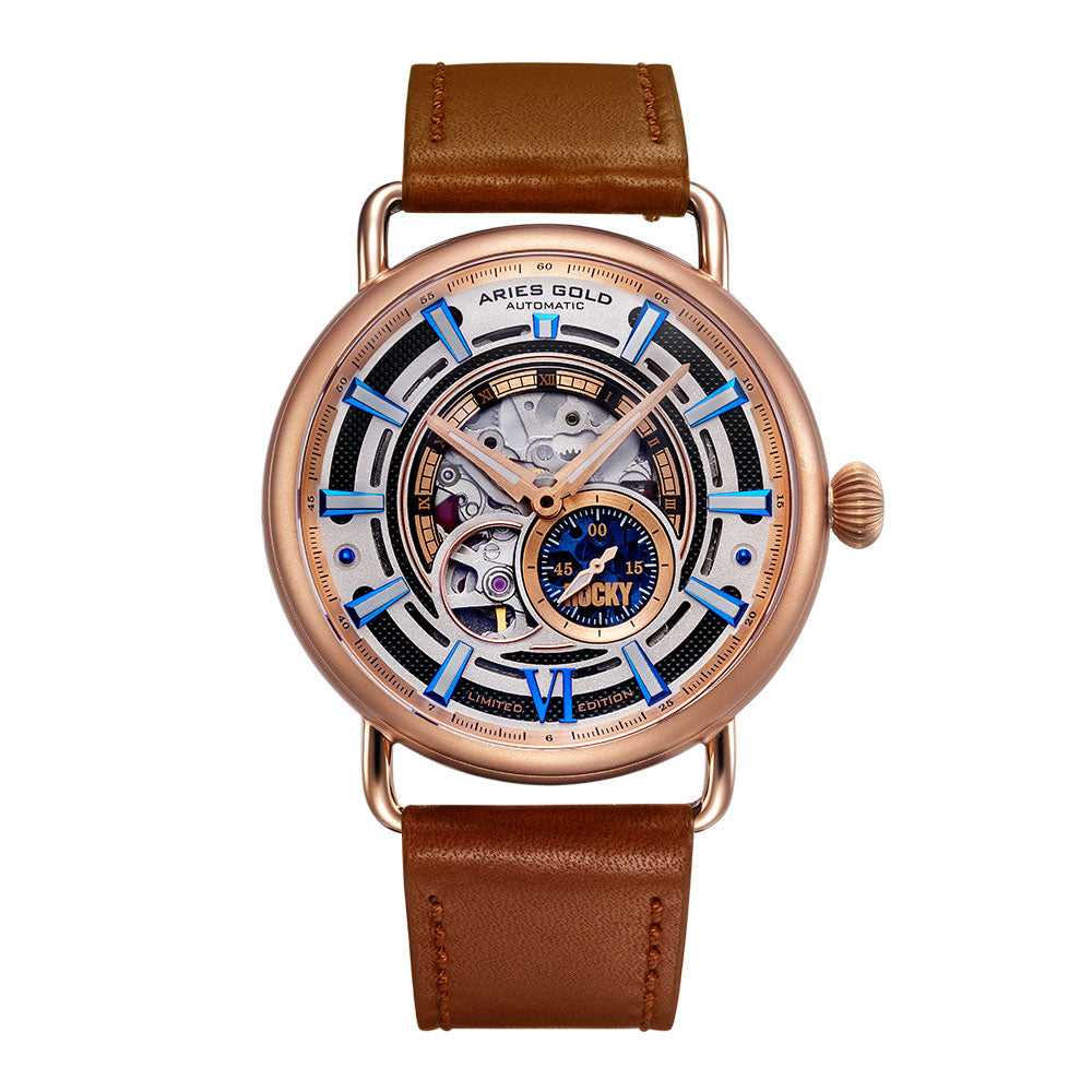 ARIES GOLD AUTOMATIC ROCKY LIMITED EDITION INVINCIBLE ROSE GOLD STAINLESS STEEL G 9013 RG-W LEATHER STRAP MEN'S WATCH - H2 Hub Watches