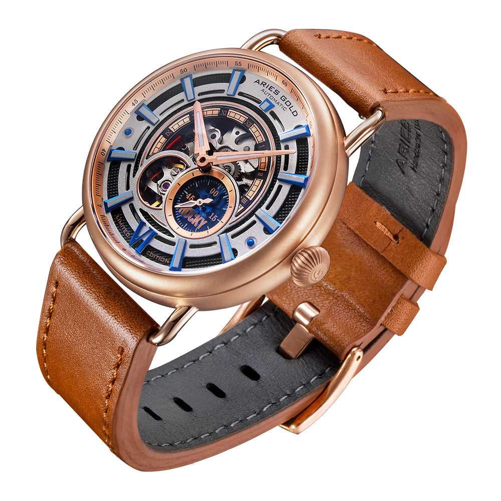 ARIES GOLD AUTOMATIC ROCKY LIMITED EDITION INVINCIBLE ROSE GOLD STAINLESS STEEL G 9013 RG-W LEATHER STRAP MEN'S WATCH - H2 Hub Watches