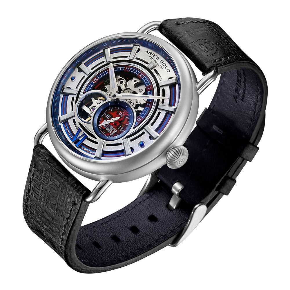 ARIES GOLD AUTOMATIC ROCKY LIMITED EDITION INVINCIBLE SILVER STAINLESS STEEL G 9013 S-W LEATHER STRAP MEN'S WATCH - H2 Hub Watches