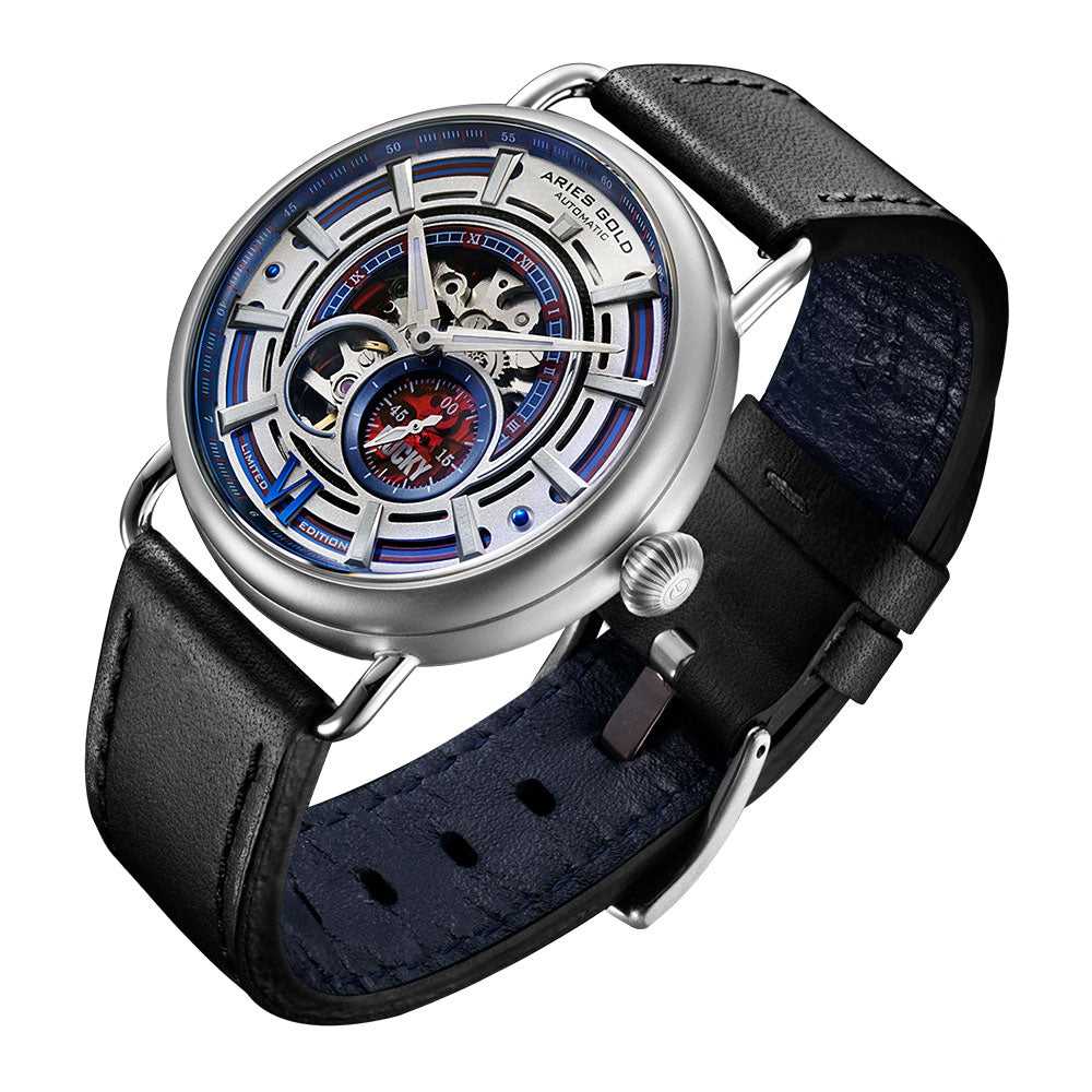 ARIES GOLD AUTOMATIC ROCKY LIMITED EDITION INVINCIBLE SILVER STAINLESS STEEL G 9013 S-W LEATHER STRAP MEN'S WATCH - H2 Hub Watches