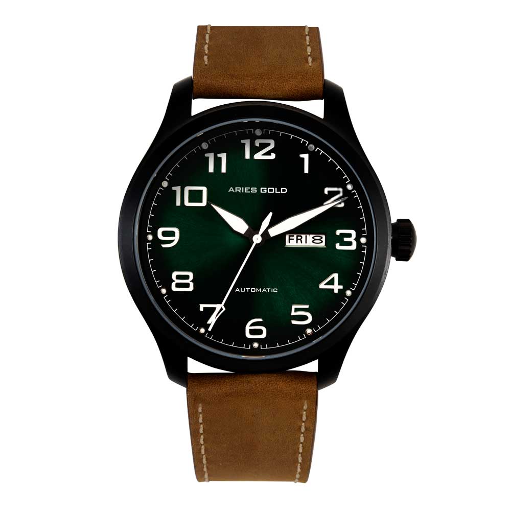 ARIES GOLD AUTOMATIC ESCALATE BLACK STAINLESS STEEL G 9017 BK-GN NUDE LEATHER STRAP MEN'S WATCH - H2 Hub Watches