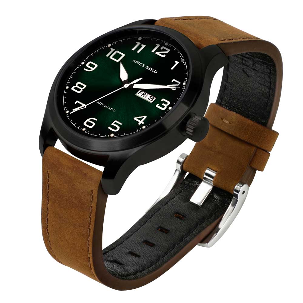 ARIES GOLD AUTOMATIC ESCALATE BLACK STAINLESS STEEL G 9017 BK-GN NUDE LEATHER STRAP MEN'S WATCH - H2 Hub Watches