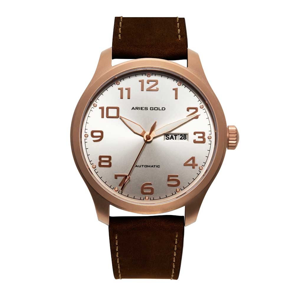ARIES GOLD AUTOMATIC ESCALATE ROSE GOLD STAINLESS STEEL G 9017 RG-SRG BROWN LEATHER STRAP MEN'S WATCH - H2 Hub Watches