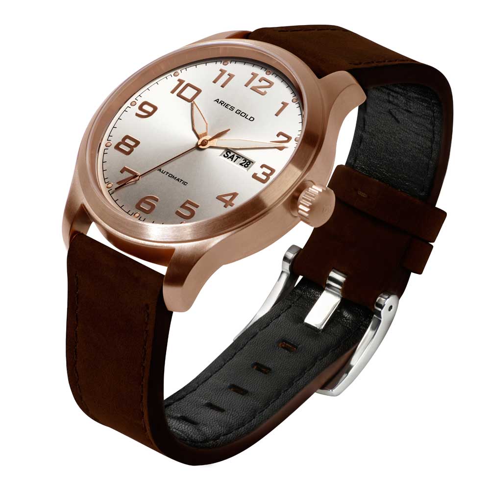 ARIES GOLD AUTOMATIC ESCALATE ROSE GOLD STAINLESS STEEL G 9017 RG-SRG BROWN LEATHER STRAP MEN'S WATCH - H2 Hub Watches