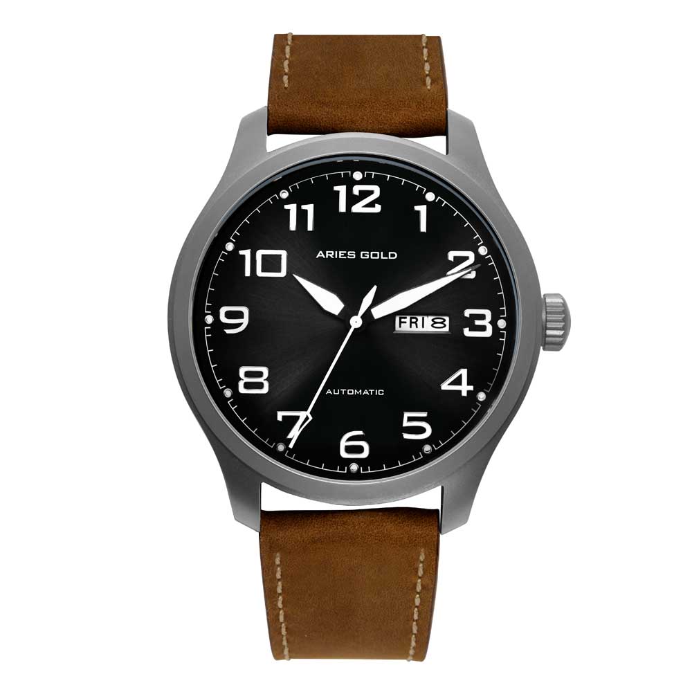 ARIES GOLD AUTOMATIC ESCALATE SILVER STAINLESS STEEL G 9017 S-BK BROWN LEATHER STRAP MEN'S WATCH - H2 Hub Watches