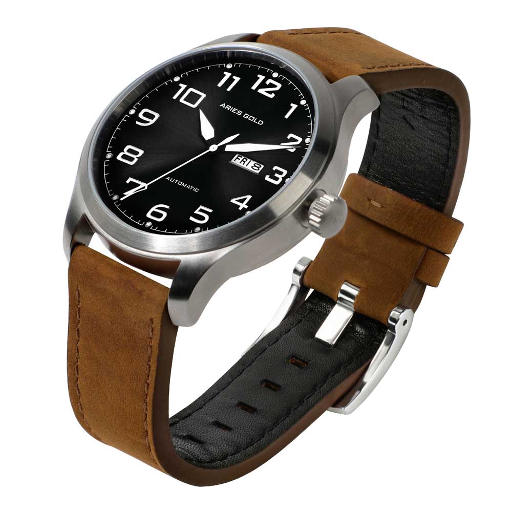 ARIES GOLD AUTOMATIC ESCALATE SILVER STAINLESS STEEL G 9017 S-BK BROWN LEATHER STRAP MEN'S WATCH - H2 Hub Watches