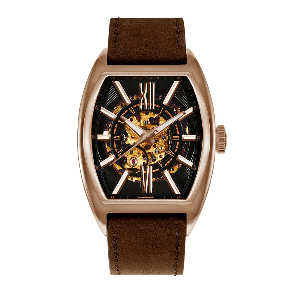 ARIES GOLD AUTOMATIC INFINUM CRUISER ROSE GOLD STAINLESS STEEL G 9018 RG-BK BROWN LEATHER STRAP MEN'S WATCH - H2 Hub Watches