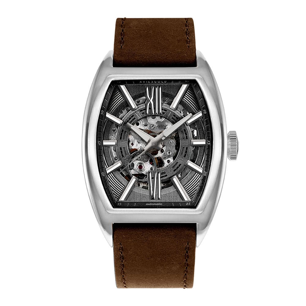 ARIES GOLD AUTOMATIC INFINUM CRUISER SILVER STAINLESS STEEL G 9018 S-GY BROWN LEATHER STRAP MEN'S WATCH - H2 Hub Watches