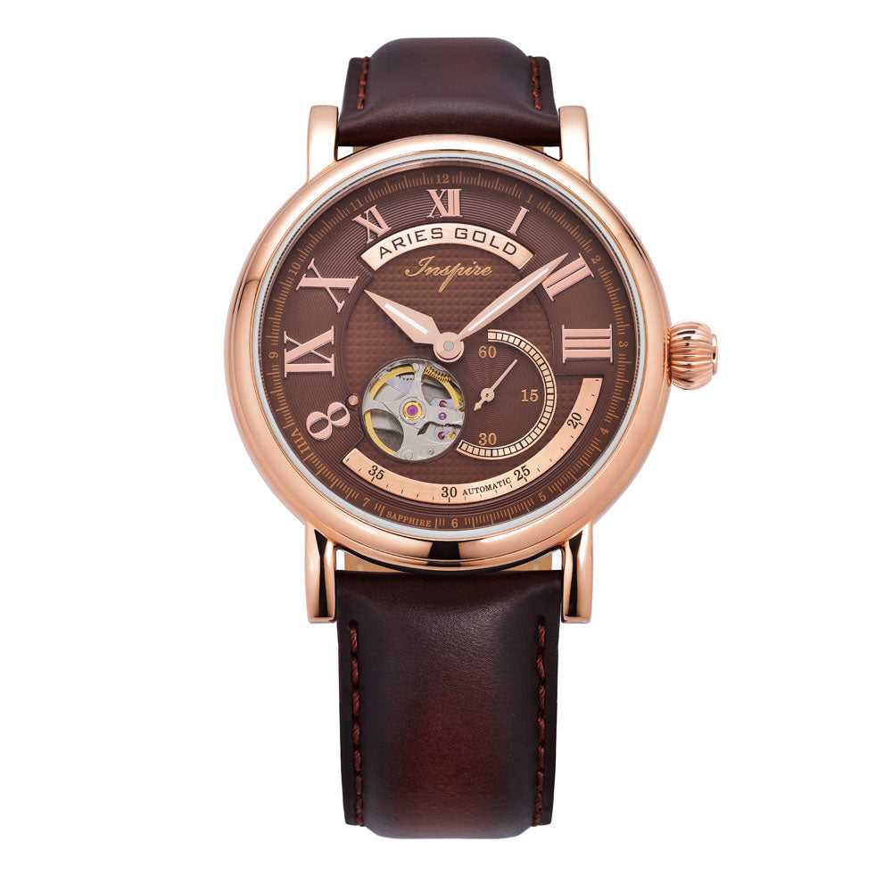 ARIES GOLD AUTOMATIC INSPIRE GAUNTLET VINTAGE ROSE GOLD STAINLESS STEEL G 903 RG-CF BROWN LEATHER STRAP MEN'S WATCH - H2 Hub Watches
