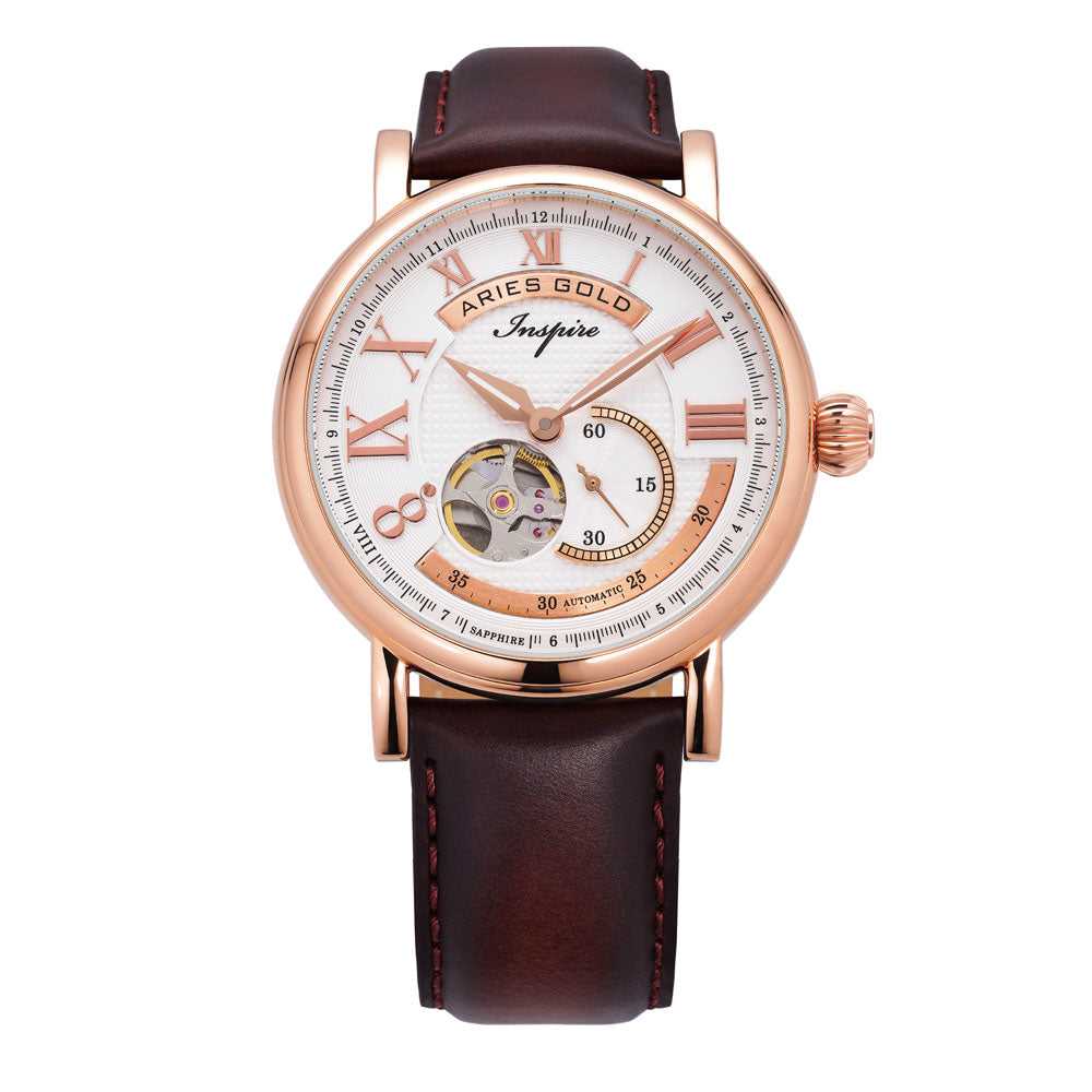 ARIES GOLD AUTOMATIC INSPIRE GAUNTLET VINTAGE ROSE GOLD STAINLESS STEEL G 903 RG-W BROWN LEATHER STRAP MEN'S WATCH - H2 Hub Watches