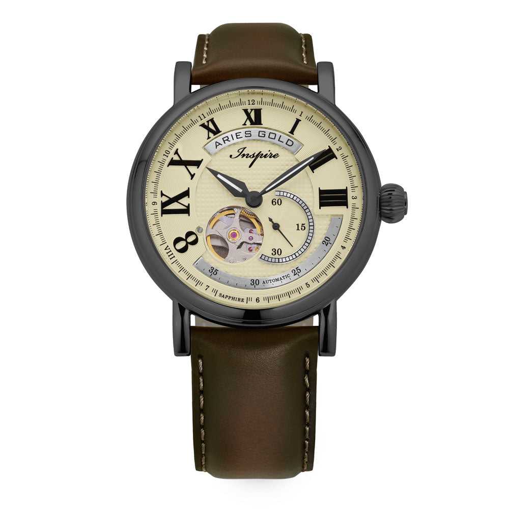 ARIES GOLD AUTOMATIC INSPIRE GAUNTLET VINTAGE TUNGSTEN STAINLESS STEEL G 903 TS-BEI BROWN LEATHER STRAP MEN'S WATCH - H2 Hub Watches