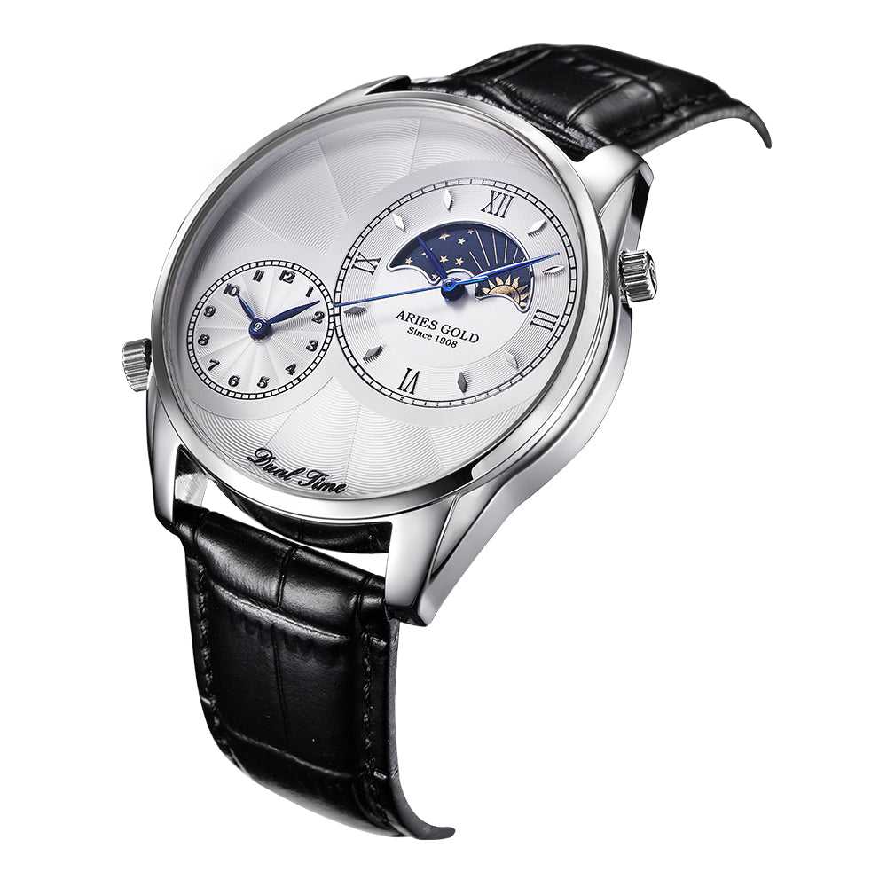 ARIES GOLD CONTINENTAL SILVER STAINLESS STEEL G 1004 S-W LEATHER STRAP MEN'S WATCH - H2 Hub Watches
