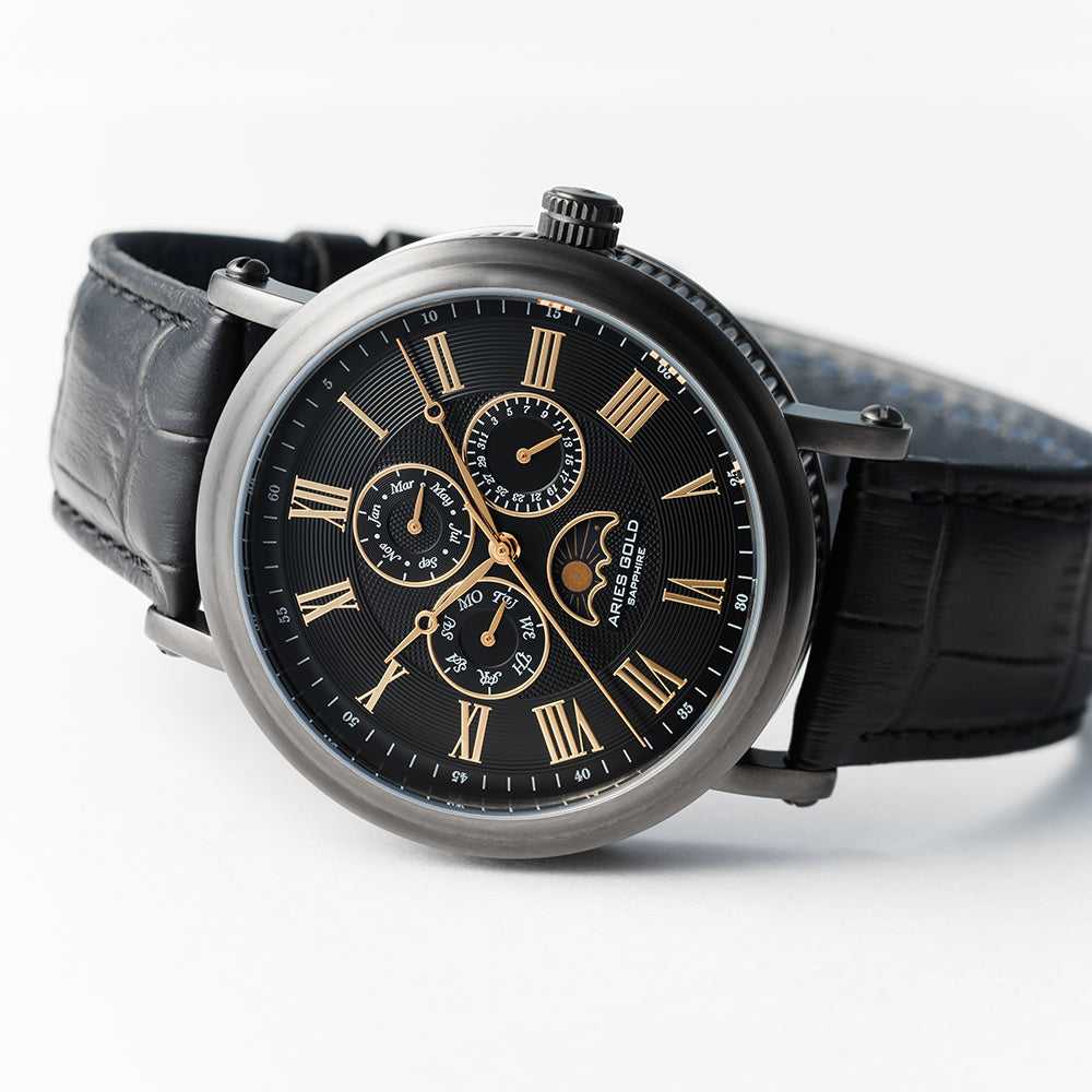 ARIES GOLD URBAN KENSINGTON BLACK STAINLESS STEEL G 101 BK-BKG LEATHER STRAP MEN'S WATCH - H2 Hub Watches